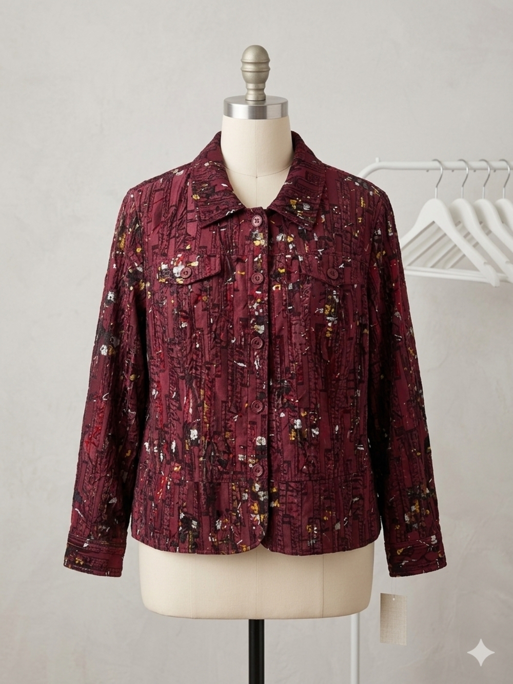 Erin London Textured Button-Up Jacket Maroon Abstract XL Pre-owned